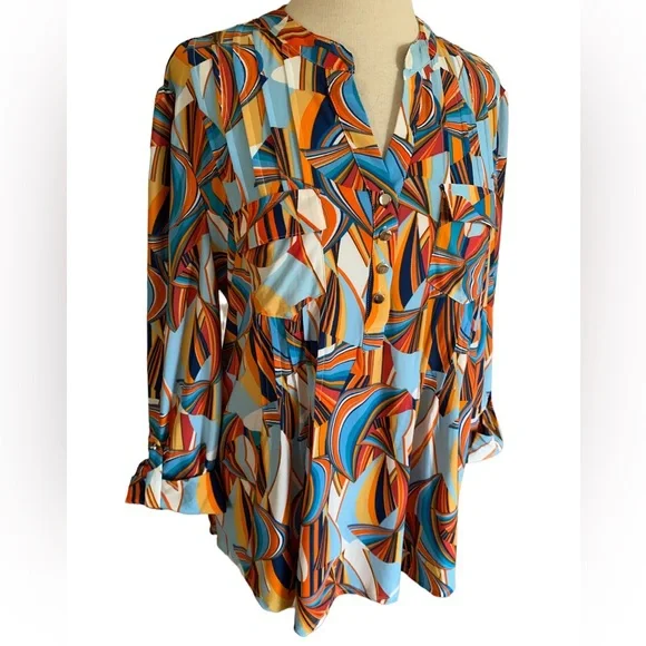 COCOMO XL 3/4 sleeve blue orange multicolored women’s pintuck Blouse top… - Picture 6 of 14